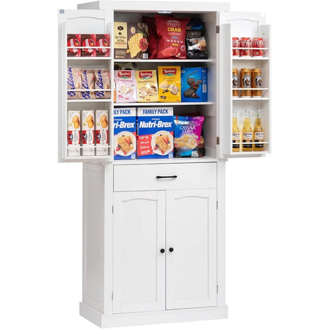 72" Kitchen Pantry Cabinet, Large Freestanding Cupboard with Drawer, Adjustable Shelves and Door Storage Shelves