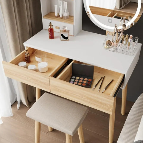 Makeup Vanity Desk with Lights,Small Vanity with Adjustable Brightness Mirror for Samll Spaces,Vanity Desk with Drawers