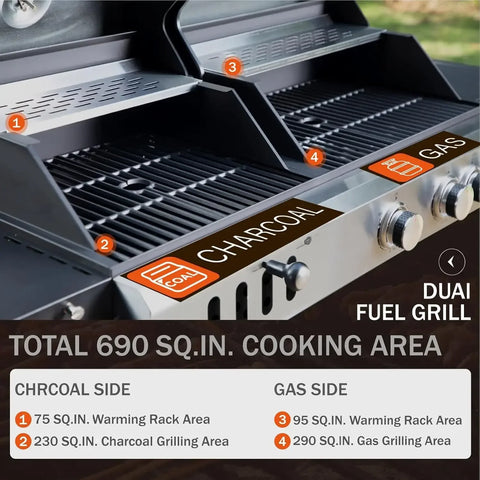 Charcoal and Propane Gas Grill Combo with Side Burner & Porcelain-Enameled Cast Iron Grate, Dual Fuel BBQ Grill for Outdoor