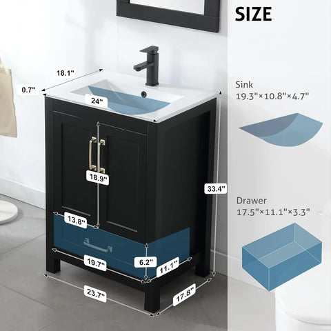 30" Bathroom Vanities Cabinet with Sink Combo Set, Undermount Ceramic Sink w/Thickened Wood, Matte Black Faucet