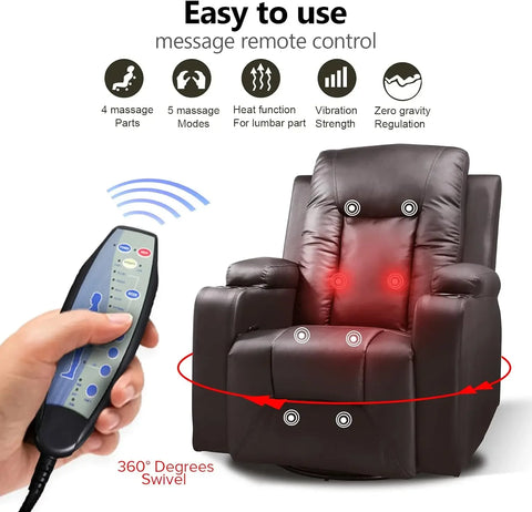 Leather Recliner Chair Modern Rocker with Heated Massage Ergonomic Lounge 360 Degree Swivel Single Sofa Seat