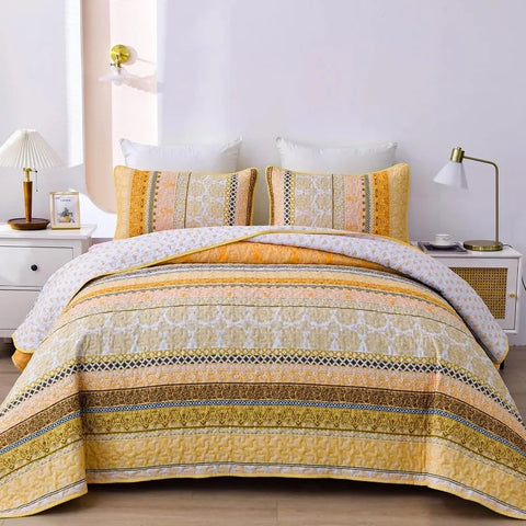 Boho Quilt Set , Yellow Bohemian 3 Pieces Quilt Sets, Lightweight Microfiber Bedspread Coverlet Bedding Set for All Season