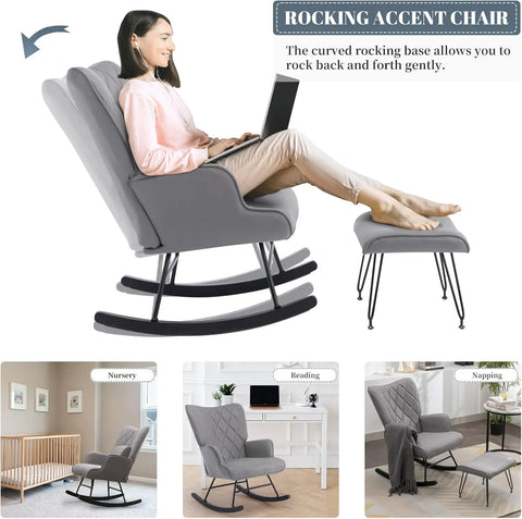 Rocking Chair Modern Rocking Chair Nursery Set with Lumbar Pillow and Ottoman Glider Chair for Nursery/Living Room/Bedroom-Gray