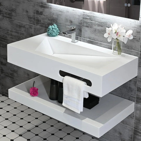 Wall Mount Bathroom Vanity with Sink Stone Resin Floating Vanity Sink Rectangular Vessel Sinks for Bathroom White