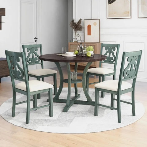 5-Piece Round Dining Table and Chair Set, Round Dining Table with Shelf, Wood Table Set for Family Dining Area