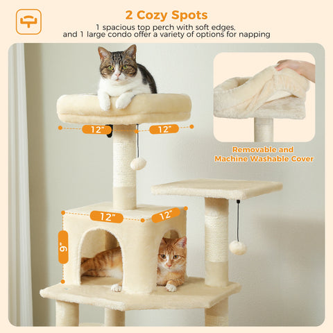 H184CM Large Cat Tower with Sisal Scratching Posts Spacious Condo Perch Stable for Kitten Multi-Level Tower Indoor Cozy Hummocks