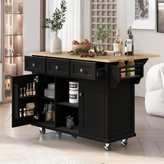 Kitchen Island with Drop-Leaf Countertop, Internal Storage Cabinet Racks, Rolling Kitchen Cart on 5 Wheels with Open Shelves