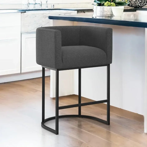 27" H Counter Height Bar Stools Set of 2, Modern Barrel Counter Stools with Backrest and Arms, Black Metal Frames