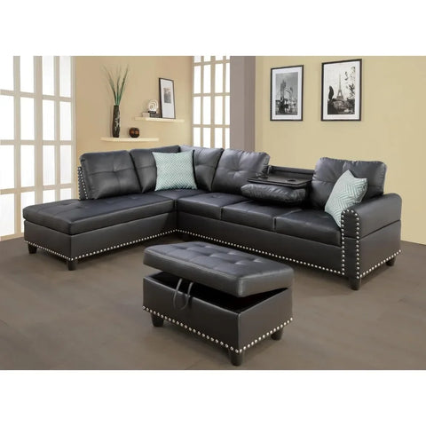 Faux Leather Sectional Sofa with Chaise Lounge, Storage Ottoman, 2 Cup Holders & Pillows, 6-Seater Upholstered Tufting Corner