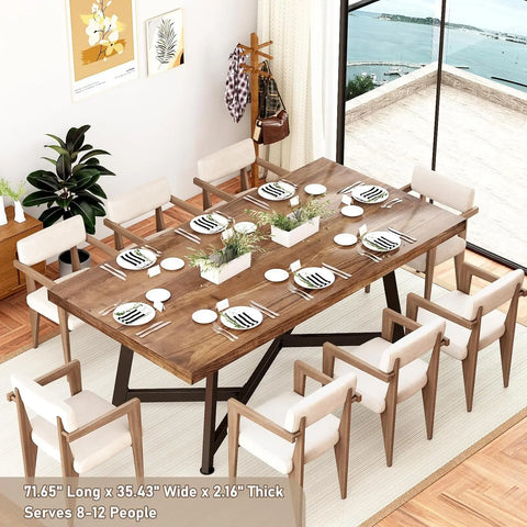 72"Large Solid Wood Dining Table for 4 5 6People,6FT Waterproof Rectangular Brown Kitchen Dinner Tables w/Adjustable Heavy Duty