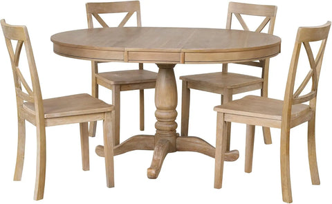 5-Piece Farmhouse Dining Table Set Wood Round Extendable Dining Table and 4 Upholstered Dining Chairs