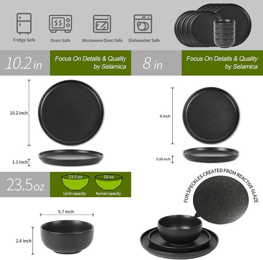 Dinnerware Sets for 4, 12 Piece Ceramic Dishes Set, Reactive Matte Glaze Plates and Bowls Sets for Kitchen, Microwave & Dish