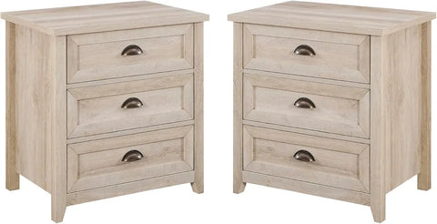 2-Piece Nightstand, Modern Farmhouse 3 Drawer Framed Nightstand with Half-Moon Handles, White Oak End Table for Bedroom