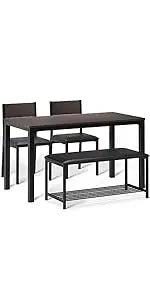 Person Dining Table Set, 43.3inch Kitchen Table Set for 4, Dining Room 2 Chairs with Backrest, 2-Person Bench with Stora