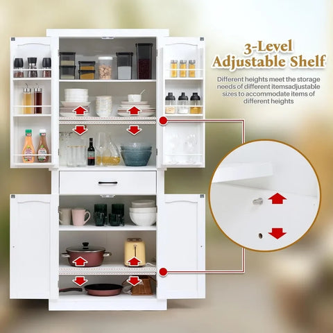 72" Kitchen Pantry Cabinet, Large Freestanding Cupboard with Drawer, Adjustable Shelves and Door Storage Shelves