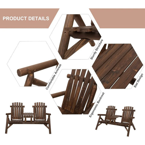 Outsunny 2-Seat Wooden Adirondack Chair, Patio Bench with Table, Outdoor Loveseat Fire Pit Chair for Porch, Backyard