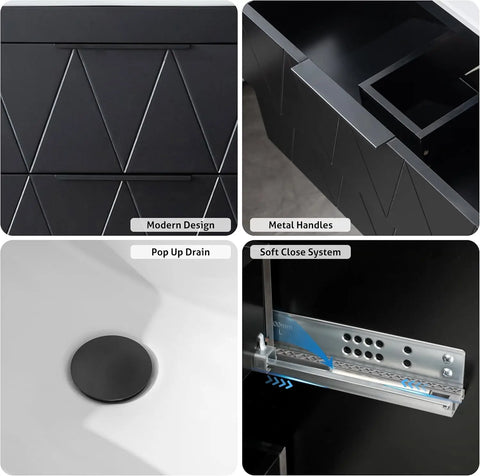 30" Bathroom Vanities Cabinet with Sink Combo, W/Decor Line, Soft-Close System, 2 Extra Big Drawers, Matte Black Faucet