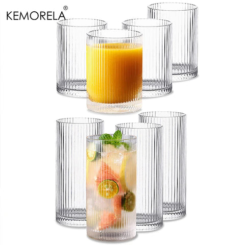 4PCS Ribbed Glass Cups Vintage Glassware Transparent Cocktail Glasses Set Bar Beverages Iced Coffee Cup Juice Ripple Drinkware