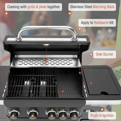 Propane Gas BBQ Grill with Side Burner and Porcelain-Enameled Cast Iron Grates  BTU Outdoor Cooking Kitchen and Patio Backyard