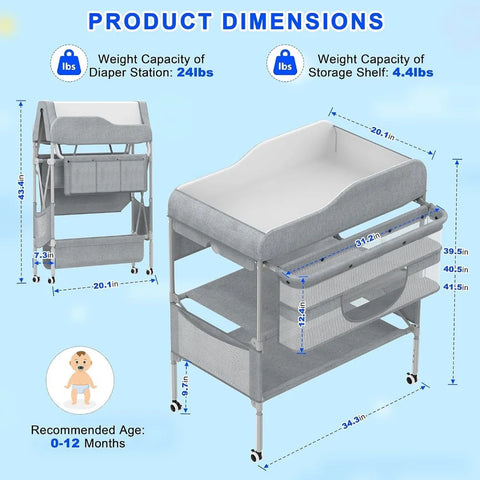 Portable Baby Changing Table, Foldable Changing Table Dresser Baby Changing Station, Height Adjustable Waterproof Diaper