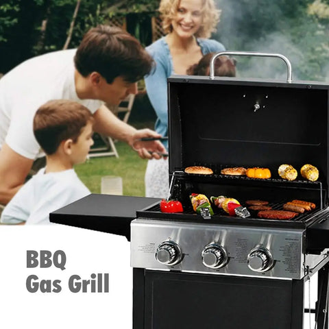 3 Burner BBQ Propane Gas Grill, Stainless Steel 30,000 BTU Patio Garden Barbecue Grill with Two Foldable Shelves