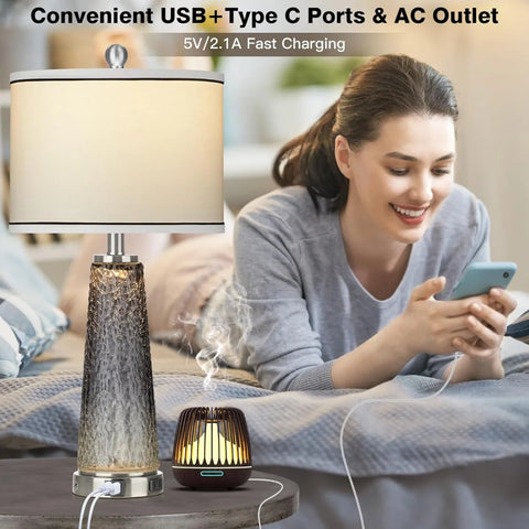 Glass Table Lamps for Living Room, 26" Modern Table Lamps with USB A+C Ports & AC Outlet, Touch Control Bedside Nightstand