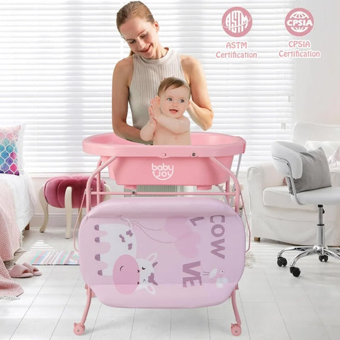 BABY JOY Baby Bathtub with Changing Table, Foldable Infant Diaper Changing Station with Storage Tray, Waterproof Pad, Portable