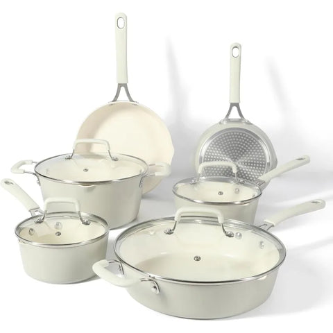 Martha Stewart Lockton Premium Nonstick PFA Free Ceramic Interior 10 Piece Heavy Gauge Enamel Aluminum Pot and Pan Cookware Set