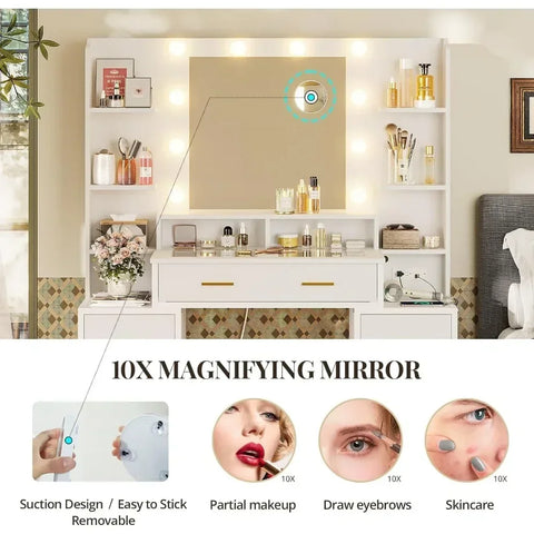 Glass Top Makeup Vanity Table with 10x Magnifying Mirror, Vanity Desk with Mirror and Lights & Charging Station, Stoarge Drawers