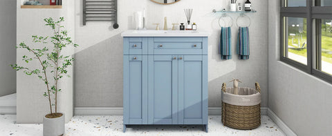 Modern 30-Inch Bathroom Vanity Cabinet with Easy-to-Clean Resin Integrated Sink in Blue