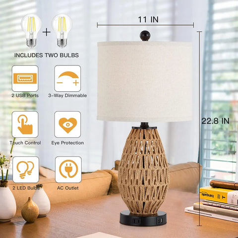 Touch Control Rattan Table Lamps, 3 Way  Bedside Lamps for Bedroom Set of 2 with 2 USB Ports and AC Outlet, Wicker