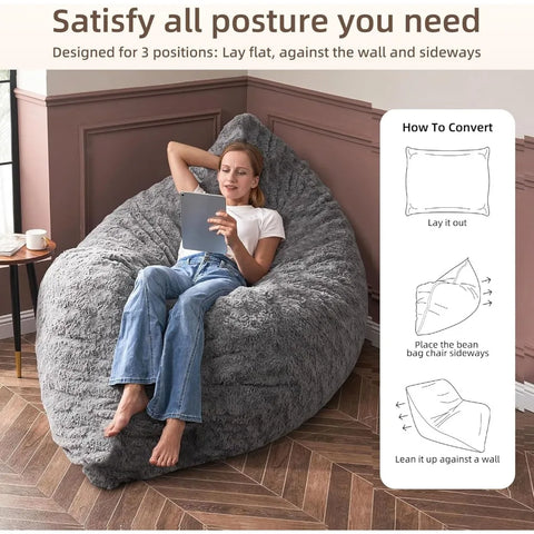 3 in 1 Memory Foam Bean Bag Chair, Convertible Bean Bag Chair with Machine Washable Cover, Giant Bean Bag Chairs for Adult