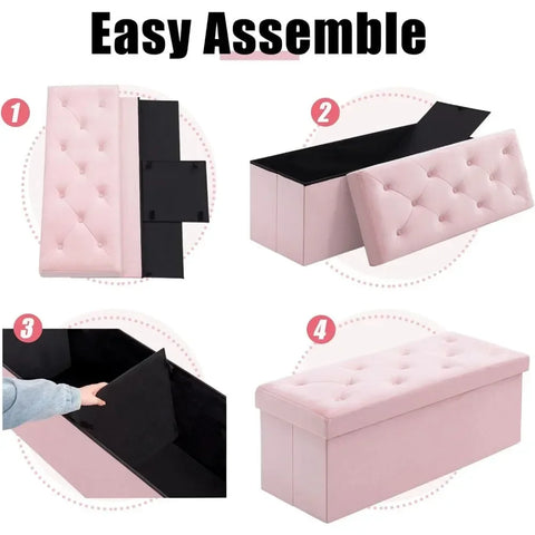 43 Inches Folding Storage Ottoman Bench, Velvet Ottoman with Footrest for Living Room, Long Shoes Bench, (Pink)