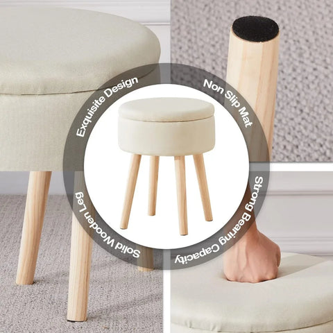 Ottoman storage linen circular dressing table stool, modern multi-functional cushioned footstool with wooden legs