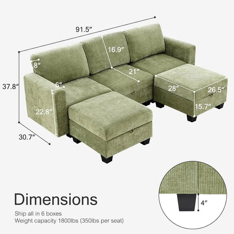 Modular Sectional Sofa Couch with Storage Seat,Soft Velvet Stripe Convertible Sofa with Reversible Ottoman,Deep Seat Sofa