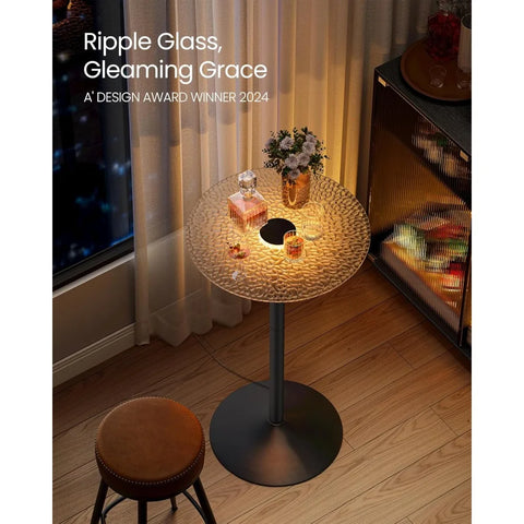 Bar Table, Round Cocktail Table with Multi-Colored Lights and Glass Top, Large Steel Base,41.3 Inches Tall Pub Table for Kitchen