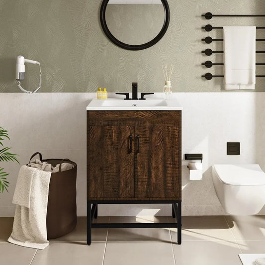 Bathroom Vanity with Sink, Vintage Bathroom Sink Cabinet with 2 Doors, Sink Combo Set for Bathroom, Dark Brown