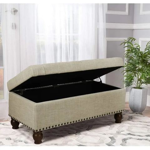 Linen Fabric Rectangle Tufted Lift Top Storage Ottoman Bench, Footstool with Solid Wood Legs Upholstered Storage Bench (Beige)