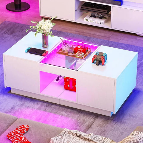 LED Coffee Table with LED Lights,Large Living Room Center Tables with USB Ports and Type-C Modern Coffee Table with Storage