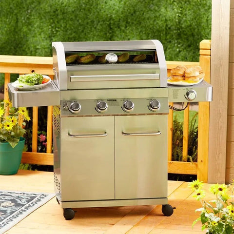 4-Burner Natural Gas Grill, Stainless Steel Cabinet Style Propane Grills, LED Controls, Side Burner, BBQ Grills