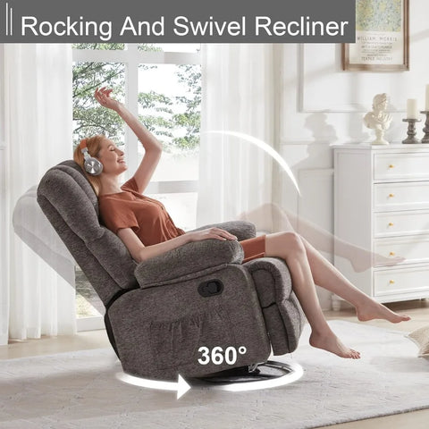 Oversized Rocker Recliner Chair for Adults, 360° Swivel Recliner Chair Ergonomic Chair, Overstuffed Manual Rocking Recliner，Grey