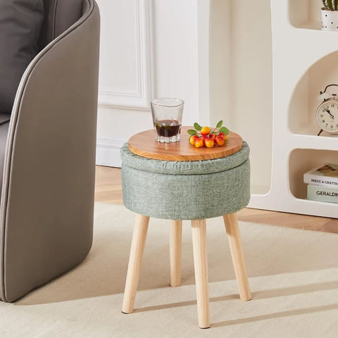 Storage Ottoman Foot Stool Linen Round Vanity Stool Tray Top Footstool with Wood Legs Multifunctional Upholstered Foot Rest