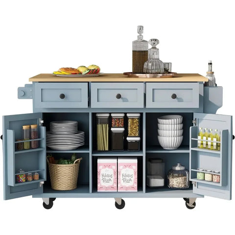 Kitchen Cart with Rubber Wood Drop-Leaf Counter top, Rolling Kitchen Island Carts with 3 Drawers and Cabinet, Kitchen Cart