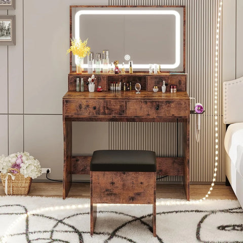 LIKIMIO Vanity Desk with LED Lighted Mirror & Power Outlet & 4 Drawers, Dressing Makeup Table Set with Storage Stool and Hair