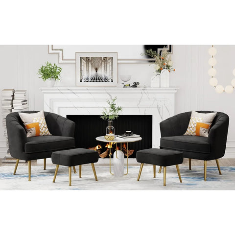 Velvet Accent Chair with Ottoman, Upholstered Modern Single Sofa Side Chair,Comfy Barrel Club Living Room Armchair