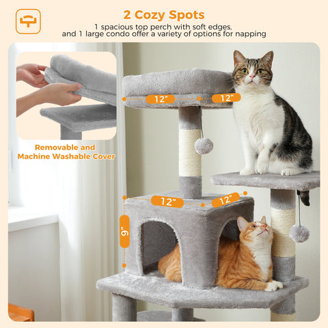 H184CM Large Cat Tower with Sisal Scratching Posts Spacious Condo Perch Stable for Kitten Multi-Level Tower Indoor Cozy Hummocks