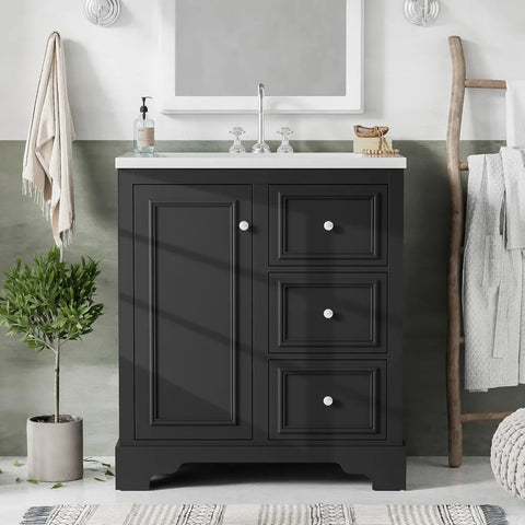 30-inch Bathroom Vanity with Sink Combo, Free Standing Bathroom Vanity Cabinet with 3 Drawers & Adjustable Shelf