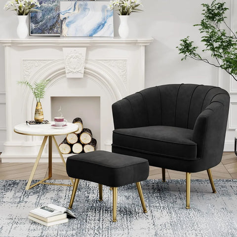 Velvet Accent Chair with Ottoman, Upholstered Modern Single Sofa Side Chair,Comfy Barrel Club Living Room Armchair