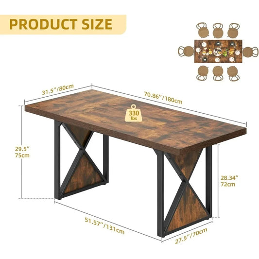 Farmhouse table for 6-8 people, 70.8 inch rectangular wood dining table, rustic table, dining room table with heavy metal legs