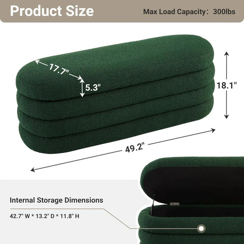 Storage Ottoman Bench 49.2 Inch Upholstered Fabric Storage Bench for Bedroom End of Bed Aesthetic Large Oval Storage Ottoman